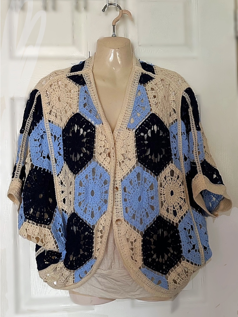 Crochet Patchwork Cardigan Sweater - Beige, Light Blue & Black
